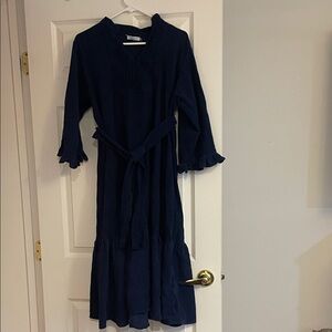 Elegant Navy Midi Dress with Ruffle Details